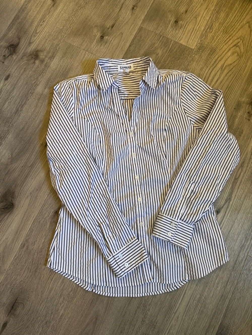 Express White Button-Down Shirt with Black Vertical Stripes